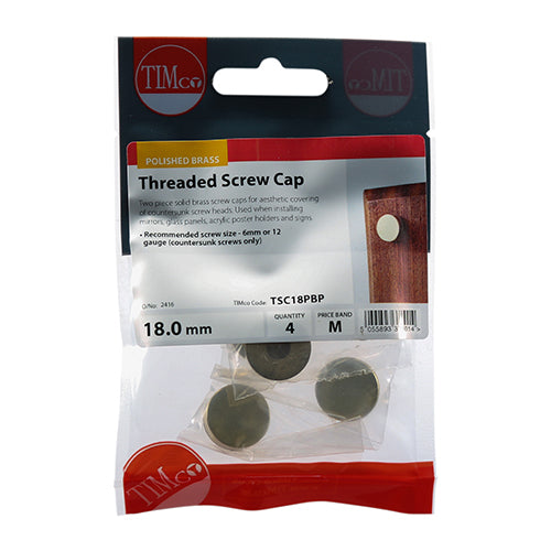 TIMCO Threaded Screw Caps Solid Brass Polished Brass - 18mm TIMpac OF 4 - TSC18PBP