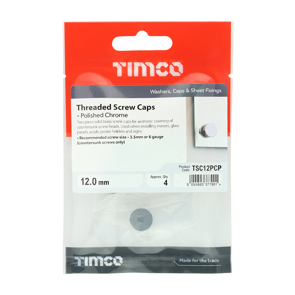 TIMCO Threaded Screw Caps Solid Brass Polished Chrome - 12mm TIMpac OF 4 - TSC12PCP