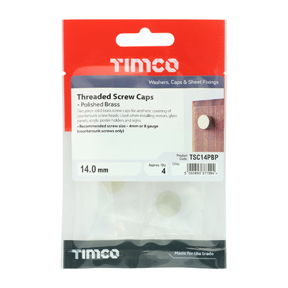 TIMCO Threaded Screw Caps Solid Brass Polished Brass - 14mm TIMpac OF 4 - TSC14PBP