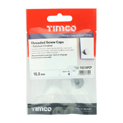 TIMCO Threaded Screw Caps Solid Brass Polished Chrome - 16mm TIMpac OF 4 - TSC16PCP