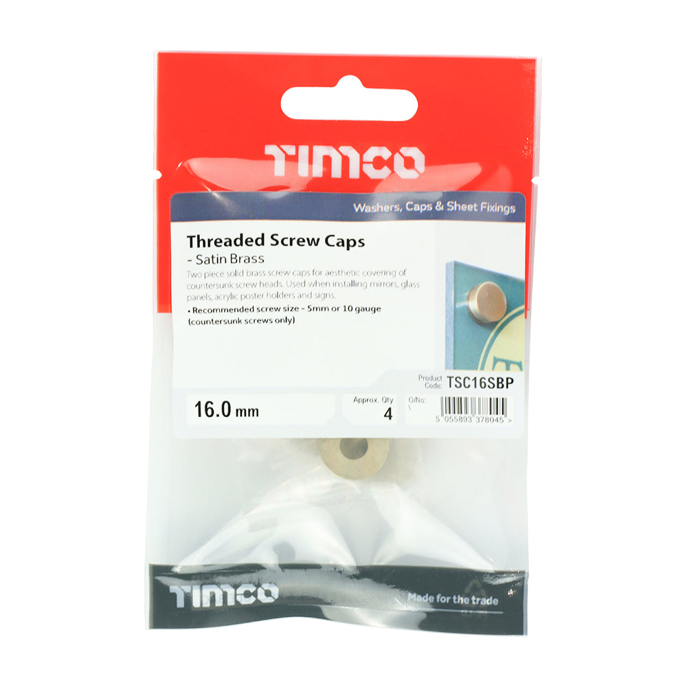 TIMCO Threaded Screw Caps Solid Brass Satin Brass - 16mm TIMpac OF 4 - TSC16SBP