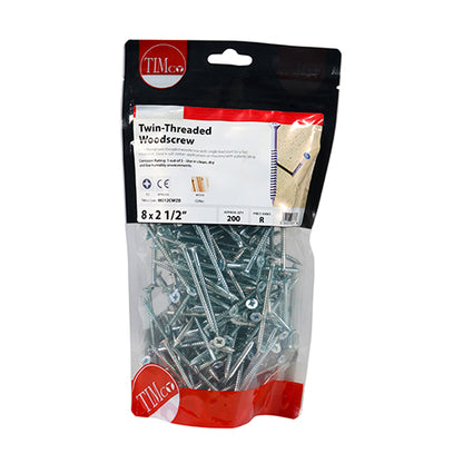 TIMCO Twin-Threaded Countersunk Silver Woodscrews - 8 x 21/2 TIMbag OF 200 - 08212CWZB