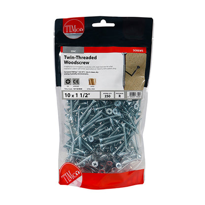 TIMCO Twin-Threaded Countersunk Silver Woodscrews - 10 x 11/2 TIMbag OF 250 - 10112CWZB
