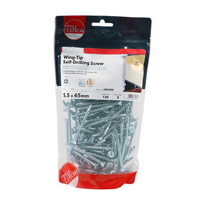 TIMCO Self-Drilling Wing-Tip Steel to Timber Light Section Silver Screws  - 5.5 x 65 TIMbag OF 120 - LW65BB