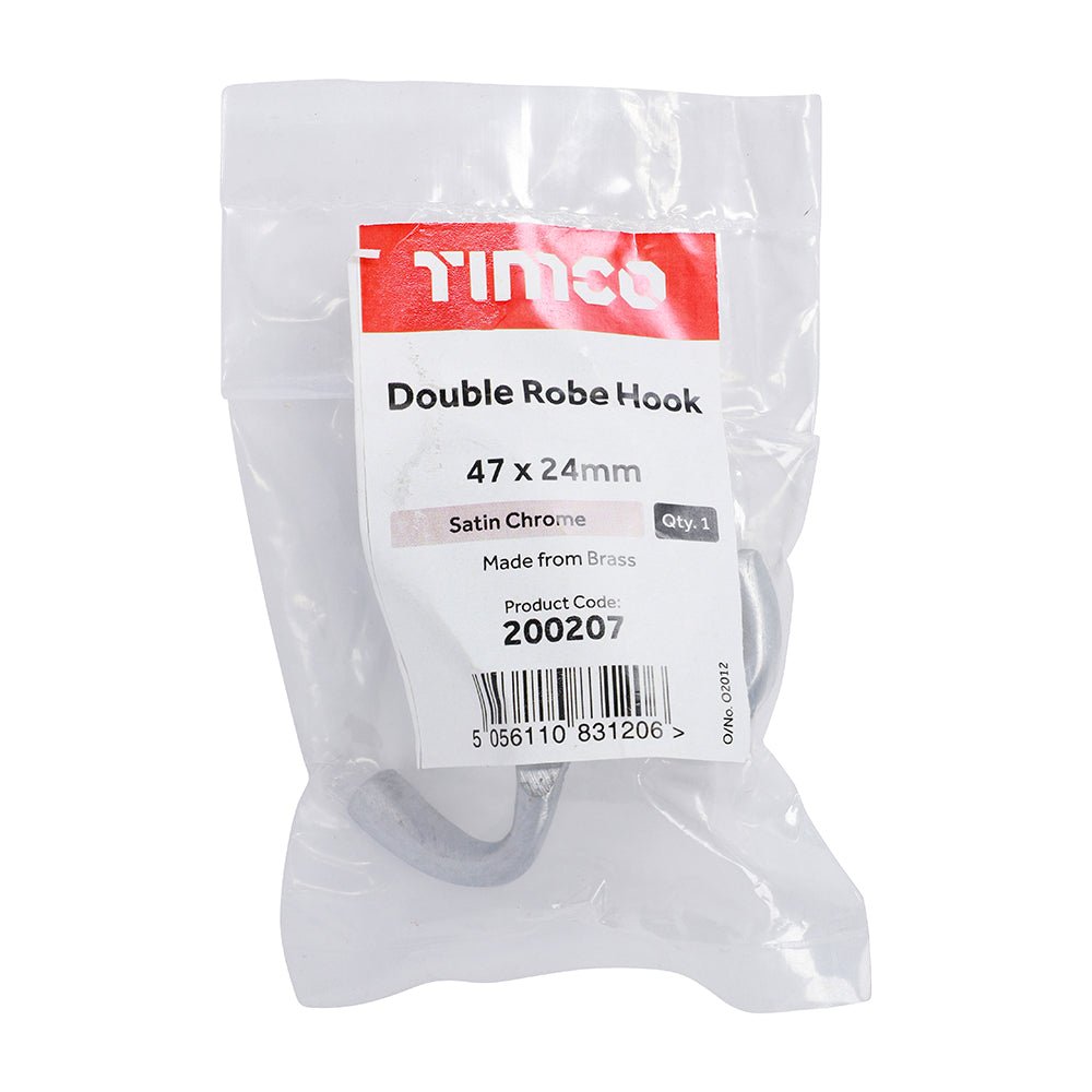 TIMCO Double Robe Hook Satin Chrome - 47 x 24mm | Pack of 1