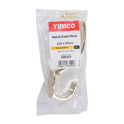 TIMCO Hat & Coat Hook Polished Brass - 125 x 32mm | Pack of 1