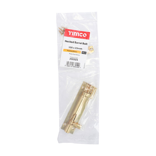 TIMCO Necked Barrel Bolt Polished Brass - 100 x 25mm | Pack of 1