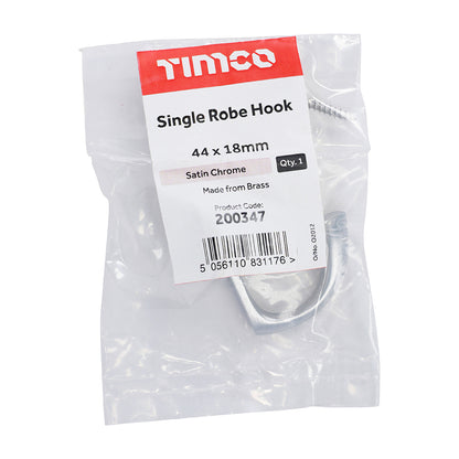 TIMCO Single Robe Hook Satin Chrome - 44 x 18mm | Pack of 1