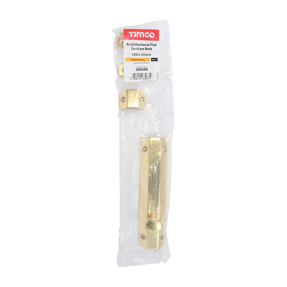 TIMCO Architectural Flat Section Bolt Polished Brass - 150 x 35mm | Pack of 1