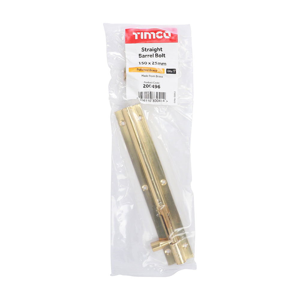 TIMCO Straight Barrel Bolt Polished Brass - 150 x 25mm | Pack of 1