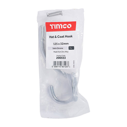 TIMCO Hat & Coat Hook Satin Chrome - 125 x 32mm | Pack of 1