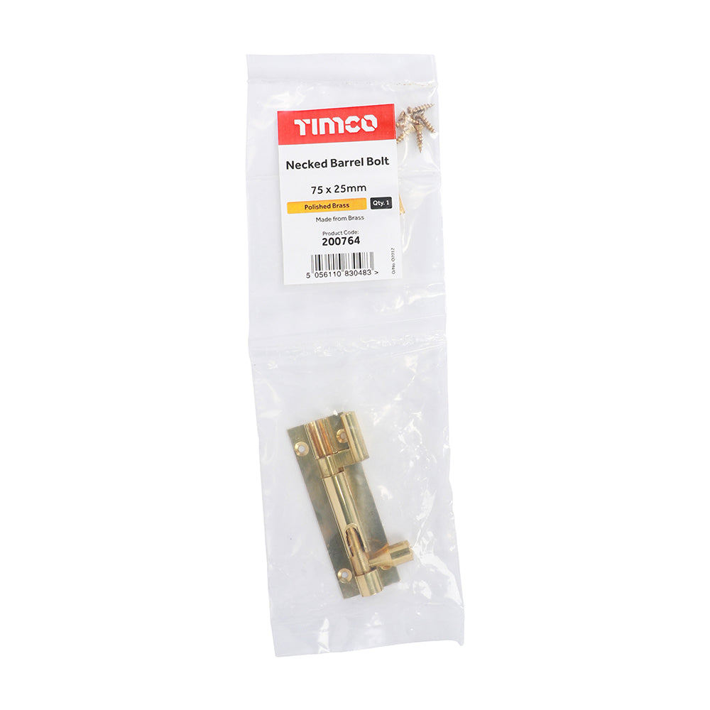 TIMCO Necked Barrel Bolt Polished Brass - 75 x 25mm | Pack of 1