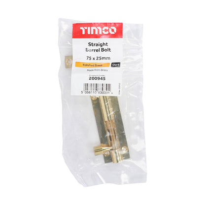 TIMCO Straight Barrel Bolt Polished Brass - 75 x 25mm | Pack of 1