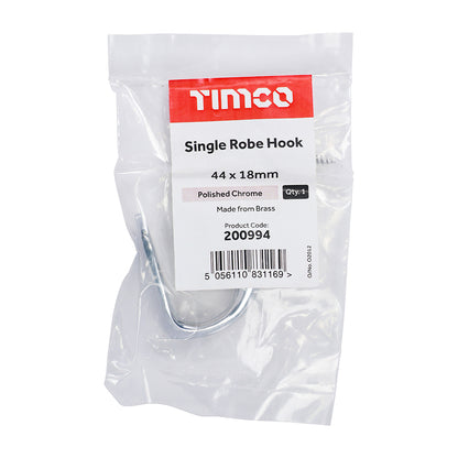 TIMCO Single Robe Hook Polished Chrome - 44 x 18mm | Pack of 1