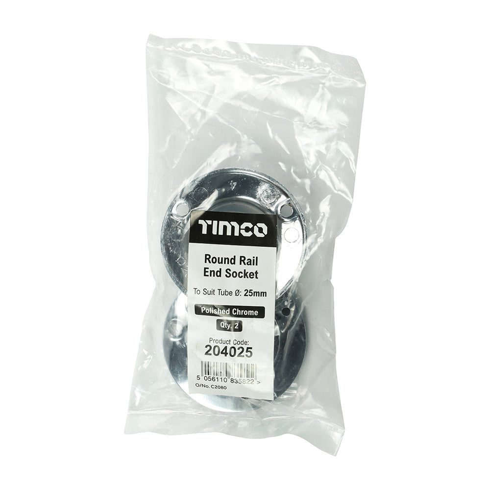 TIMCO End Socket For Round Tube Polished Chrome - 25mm | Pack of 2