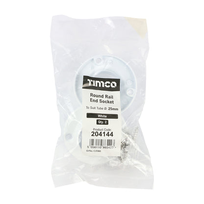 TIMCO End Socket For Round Tube White - 25mm | Pack of 2