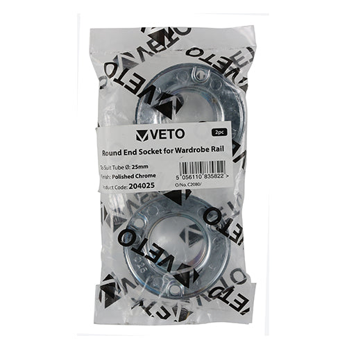 TIMCO End Socket For Round Tube Polished Chrome - 25mm | Pack of 2