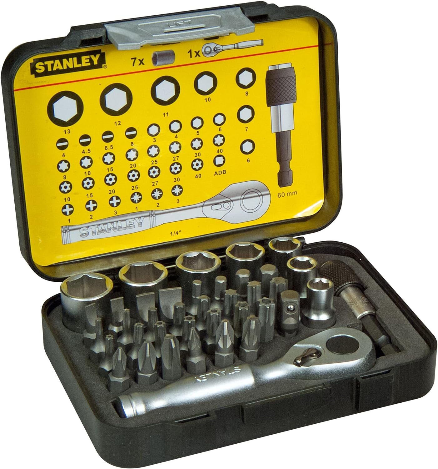 STANLEY 1-13-906 Bit & Socket Set of 39 + Ratchet Metric 1/4 Drive