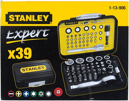 STANLEY 1-13-906 Bit & Socket Set of 39 + Ratchet Metric 1/4 Drive