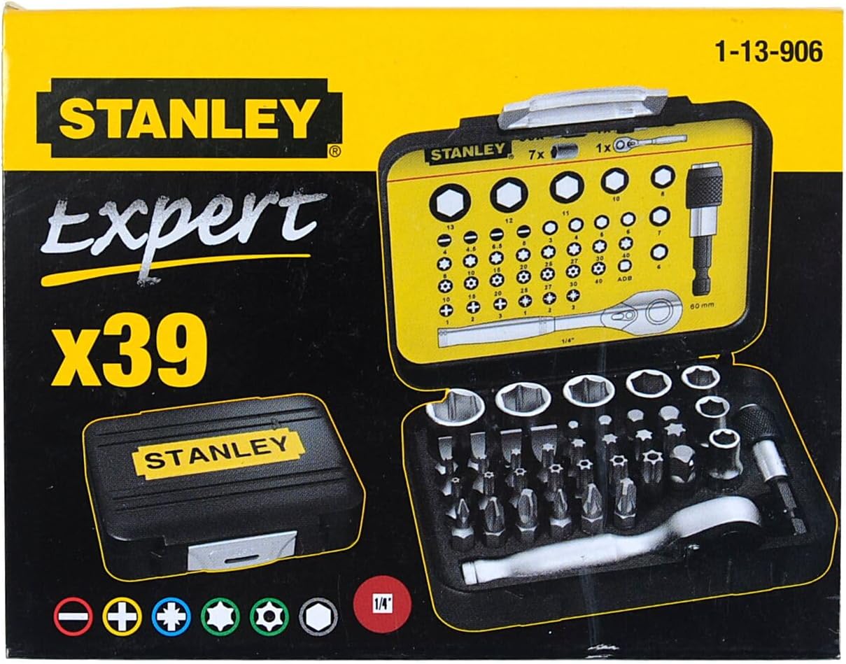 STANLEY 1-13-906 Bit & Socket Set of 39 + Ratchet Metric 1/4 Drive