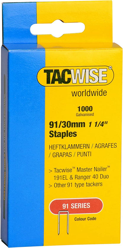 Tacwise 0286 Type 91 / 30 mm Galvanised Narrow Crown Staples, Pack of 1,000
