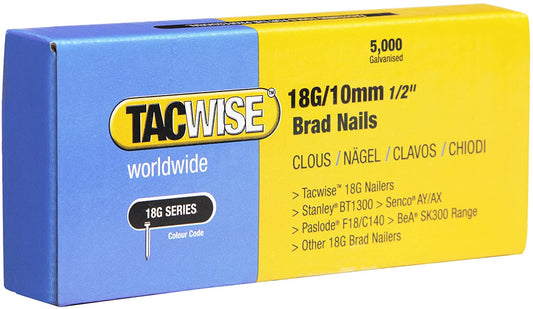 Tacwise 0392 Type 18G / 10 mm Galvanised Brad Nails, Pack of 5,000