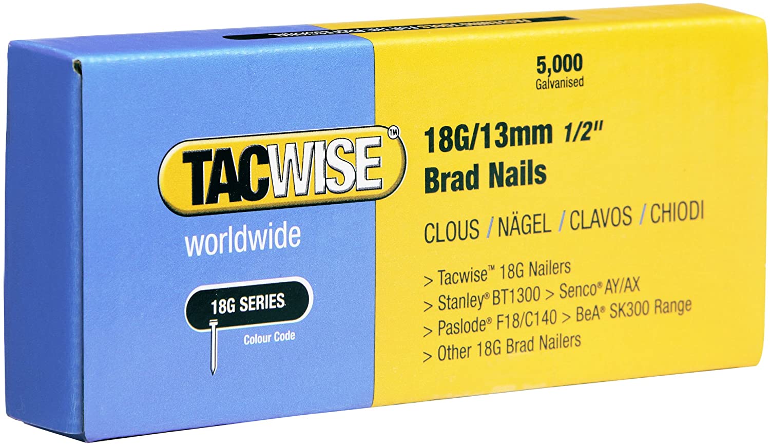 Tacwise 0393 Type 18G / 13 mm Galvanised Brad Nails, Pack of 5,000