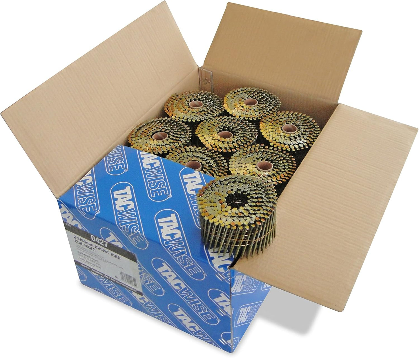 Tacwise 0427 Bright Flat Top Coil Nails Type 2.5 x 64 mm, Diamond Point, Ring Shank, 16° Inclined, Wire Collated, Pack of 9000