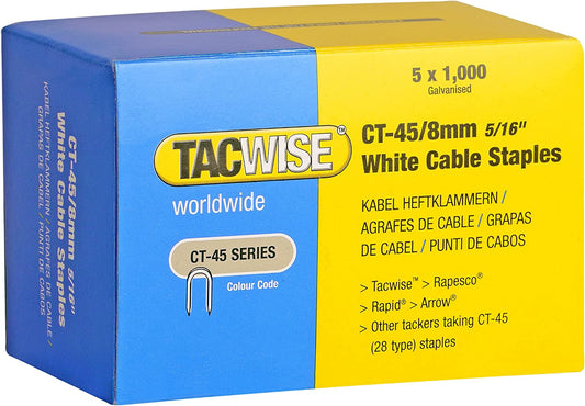 Tacwise 0980 Type CT-45 / 8mm Galvanised, White Cable Staples, Pack of 5,000
