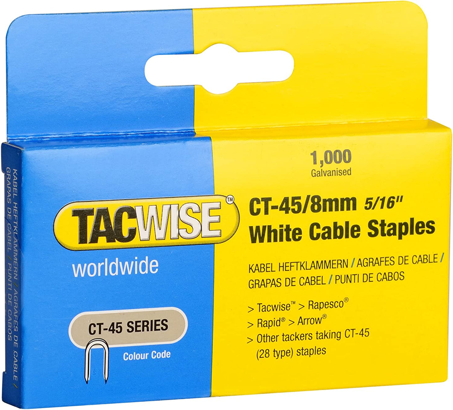 Tacwise 0980 Type CT-45 / 8mm Galvanised, White Cable Staples, Pack of 5,000