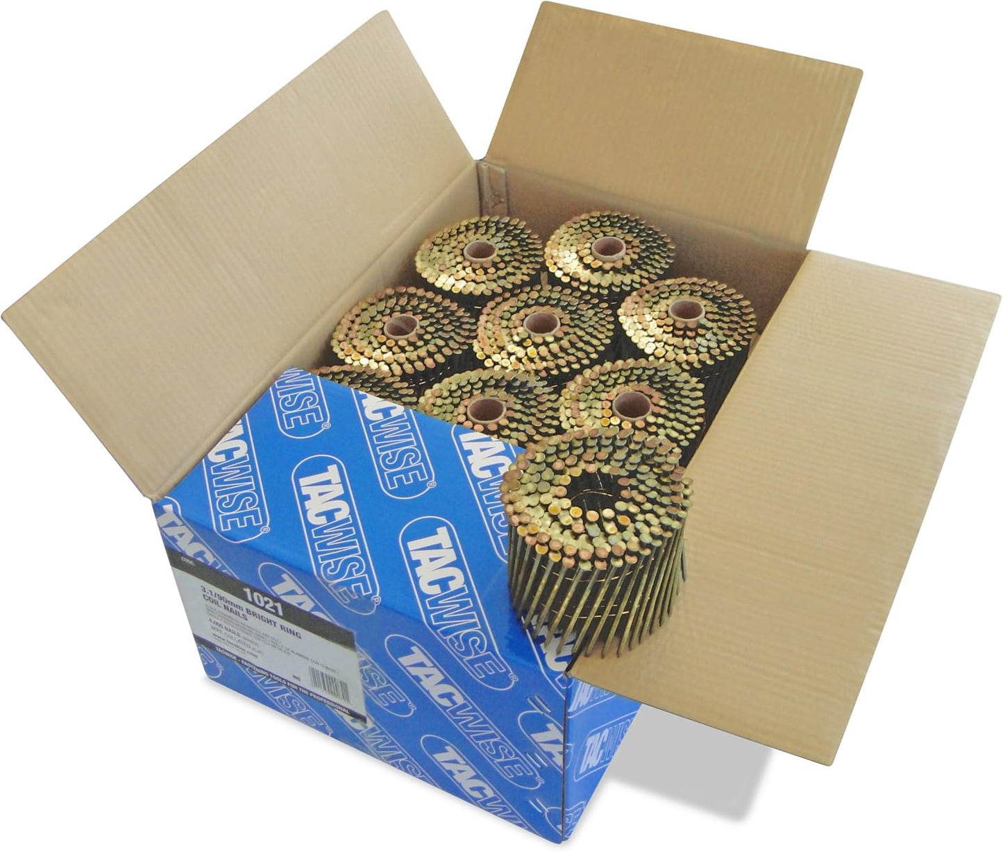 Tacwise 1021 Bright Flat Top Coil Nails Type 3.1 x 90 mm, Diamond Point, Ring Shank, 16° Inclined, Wire Collated, Pack of 4000