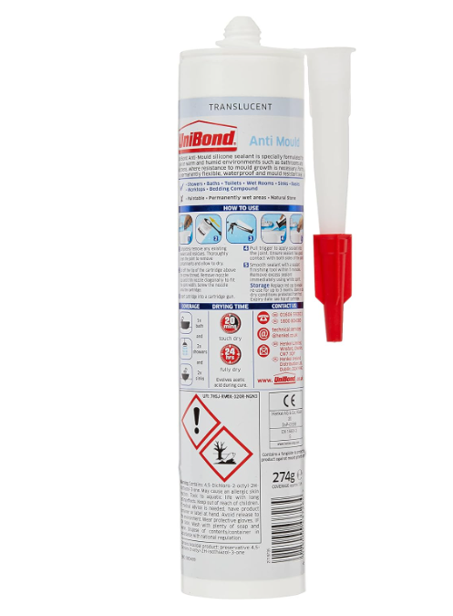 Unibond Anti-Mould Kitchen& Bathroom Sealant Cartridge Translucent Clear, 274 g