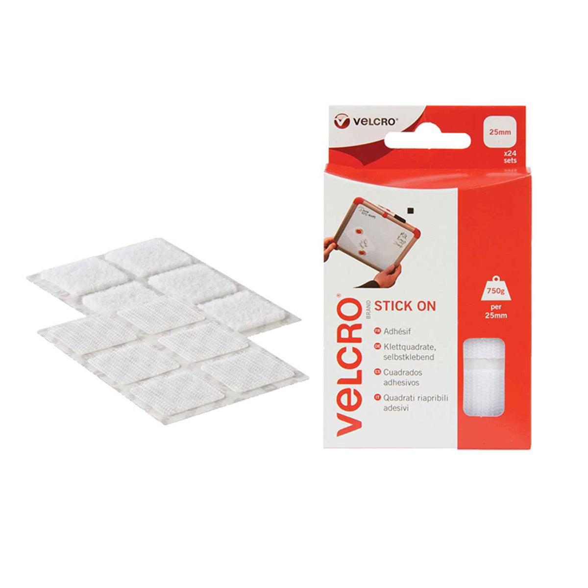 VELCRO 60235 Stick On Squares 25mm White (Pack 24)