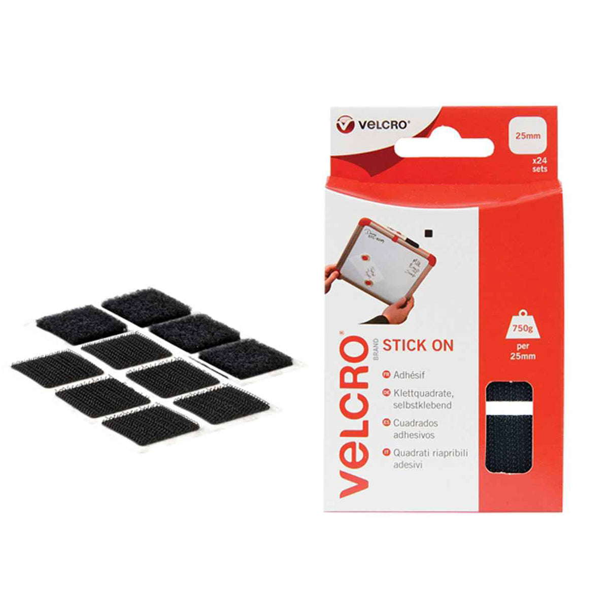 VELCRO 60236 Stick On Squares 25mm Black (Pack 24)