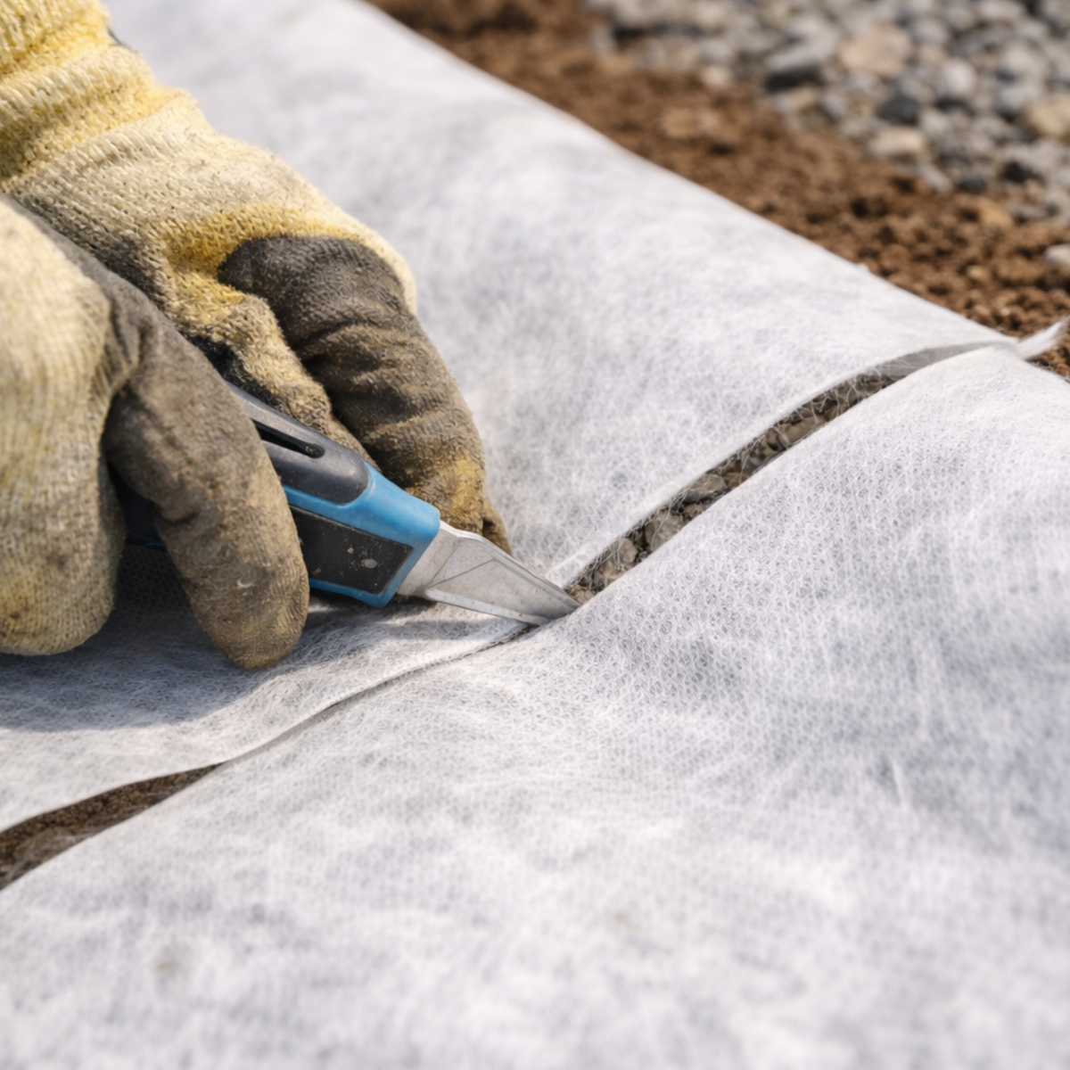 White non-woven geotextile membrane being rolled out across prepared ground