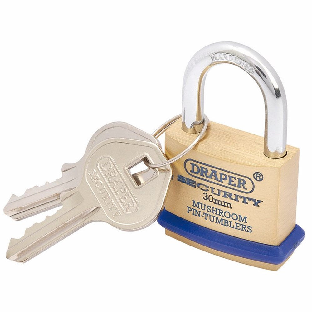 DRAPER 64160 - 30mm Solid Brass Padlock and 2 Keys with Mushroom Pin Tumblers Hardened Steel Shackle and Bumper