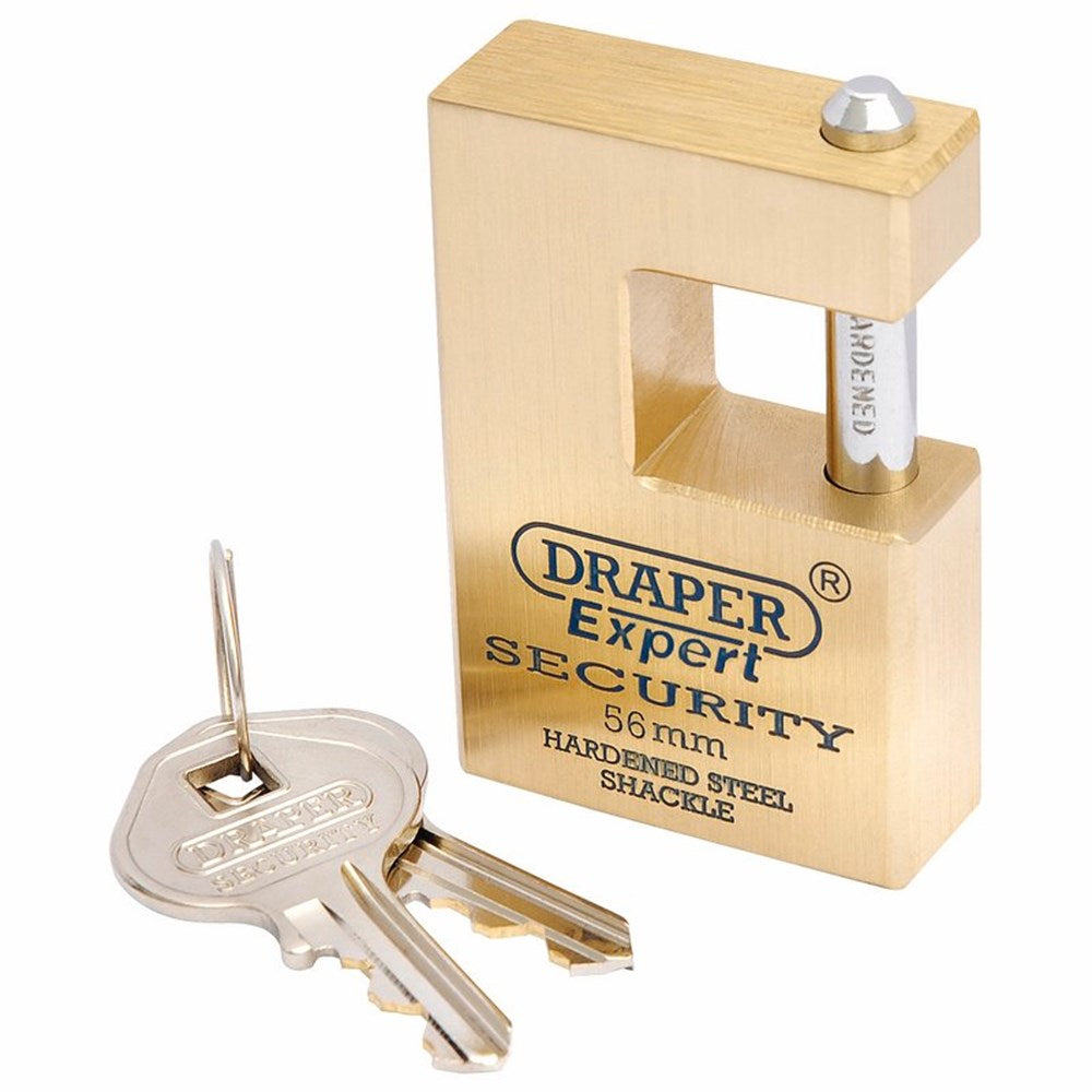 DRAPER 64200 - 56mm Quality Close Shackle Solid Brass Padlock and 2 Keys with Hardened Steel Shackle
