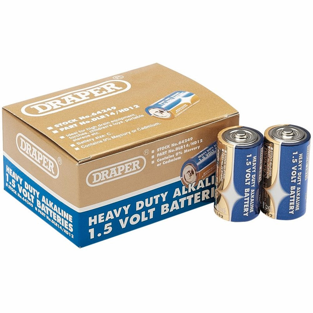 DRAPER 64249 - Heavy Duty Alkaline Batteries C (12-Pack, Shrink Wrapped in Packs of Two)