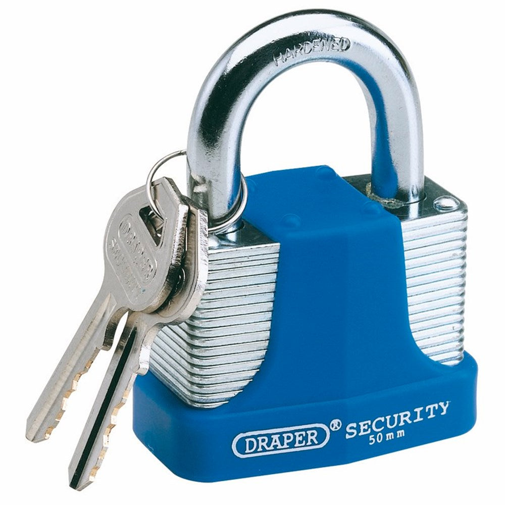 DRAPER 64182 - 50mm Laminated Steel Padlock and 2 Keys with Hardened Steel Shackle and Bumper