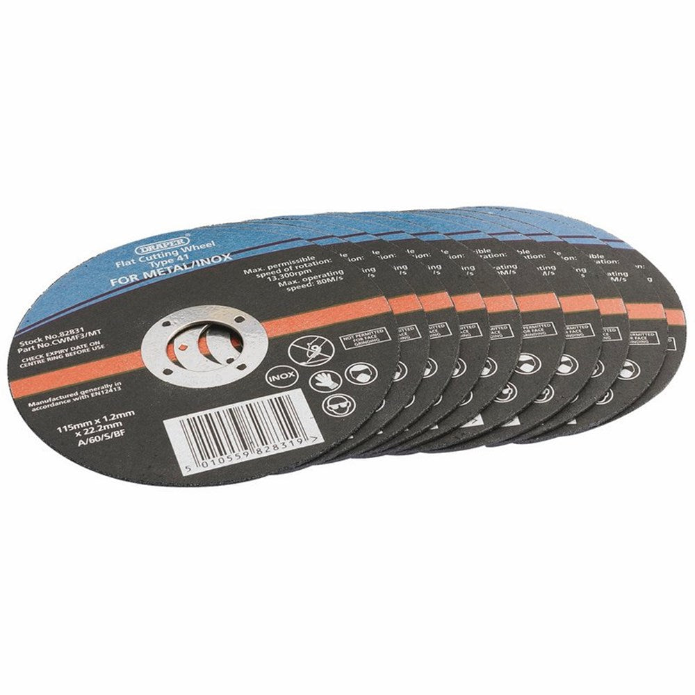 DRAPER 82831 - Flat Metal Cutting Wheels, 115 x 22.2 x 1.2mm (Pack of 10)