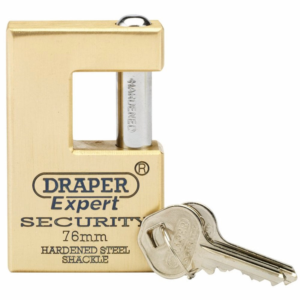 DRAPER 64202 - 76mm Quality Close Shackle Solid Brass Padlock and 2 Keys with Hardened Steel Shackle