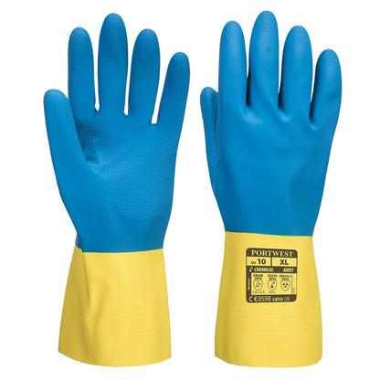Portwest A801Y4RS -  sz S Double Dipped Latex Gauntlet - Yellow/Blue