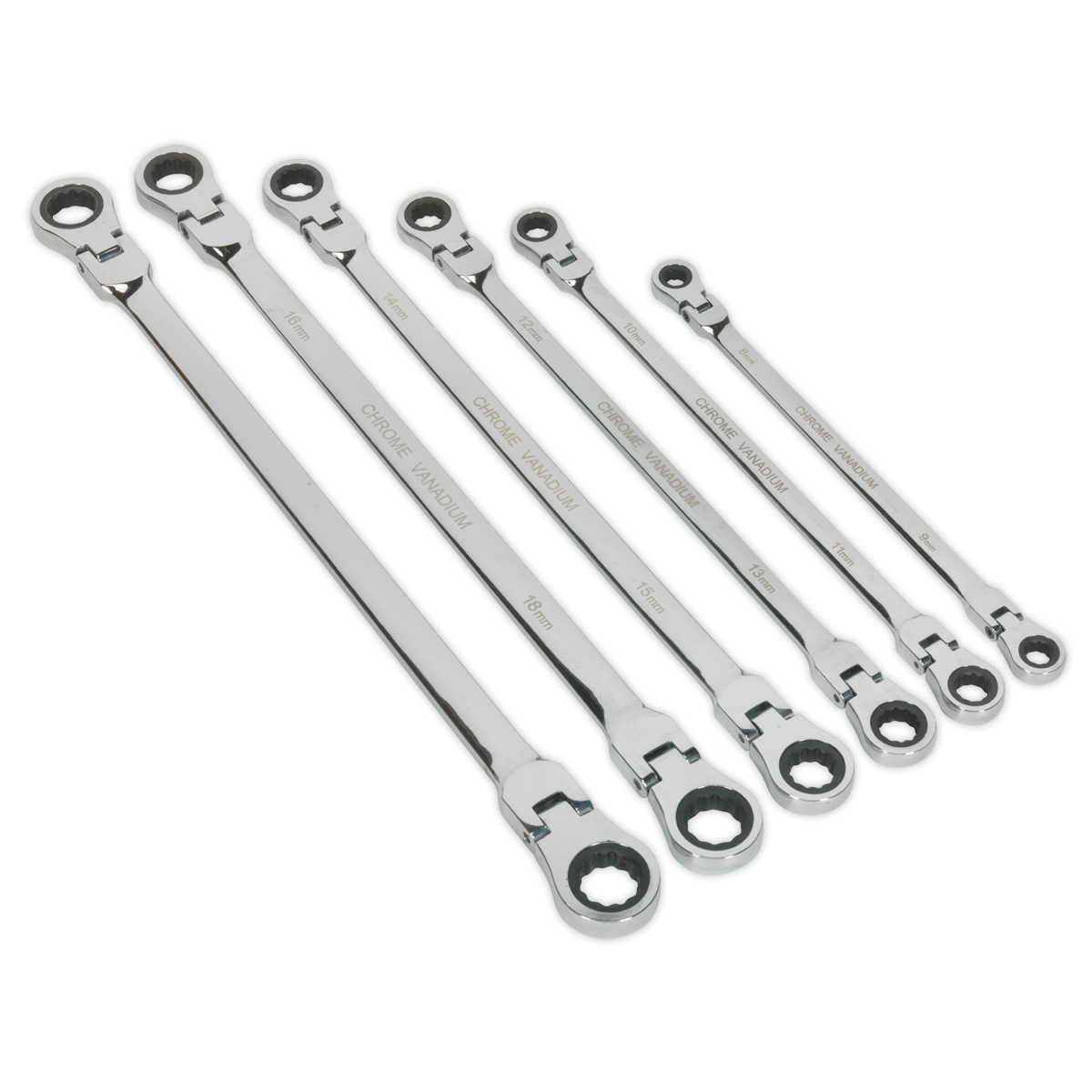 SEALEY - AK63832 Flexi-Head Double End Ratchet Ring Spanner Set 6pc Extra-Long Metric