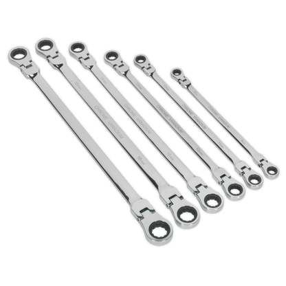 SEALEY - AK63832 Flexi-Head Double End Ratchet Ring Spanner Set 6pc Extra-Long Metric