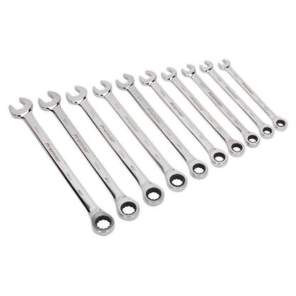 SEALEY - AK63914 Combination Ratchet Spanner Set 10pc Extra-Long Metric