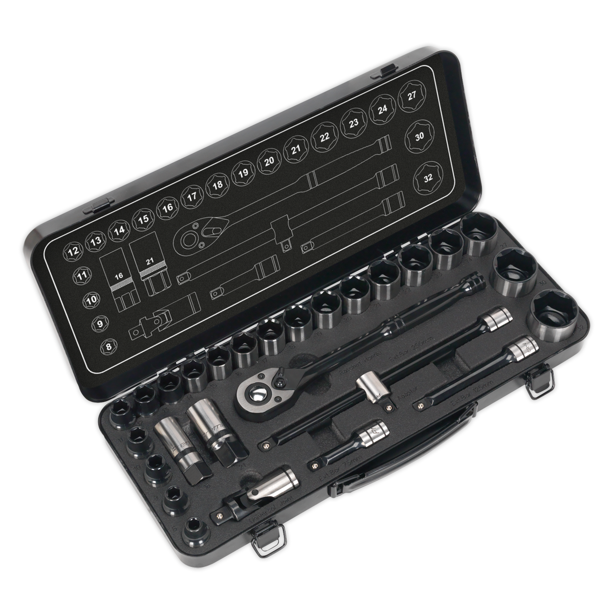 SEALEY - AK7972 Socket Set 28pc 1/2"Sq Drive 6pt WallDrive� Metric Black Series