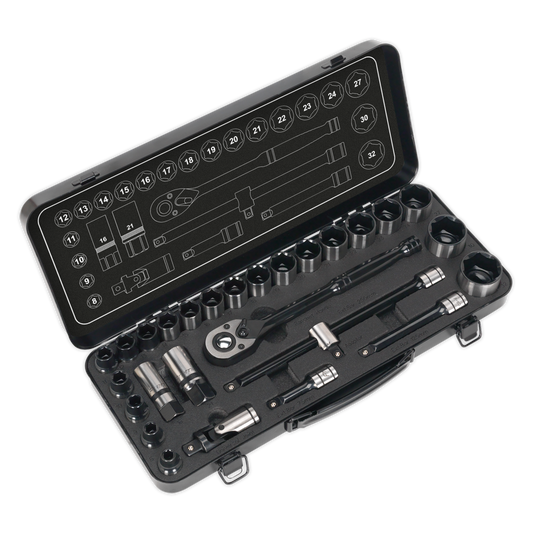 SEALEY - AK7972 Socket Set 28pc 1/2"Sq Drive 6pt WallDrive� Metric Black Series