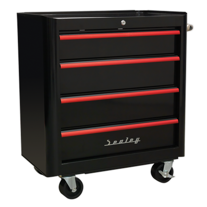 SEALEY - AP28204BR Rollcab 4 Drawer Retro Style- Black with Red Anodised Drawer Pulls