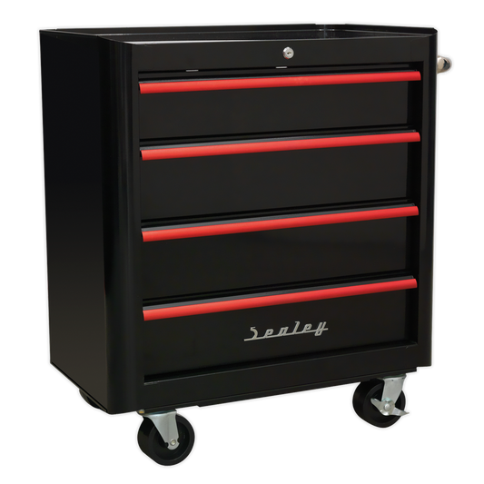 SEALEY - AP28204BR Rollcab 4 Drawer Retro Style- Black with Red Anodised Drawer Pulls