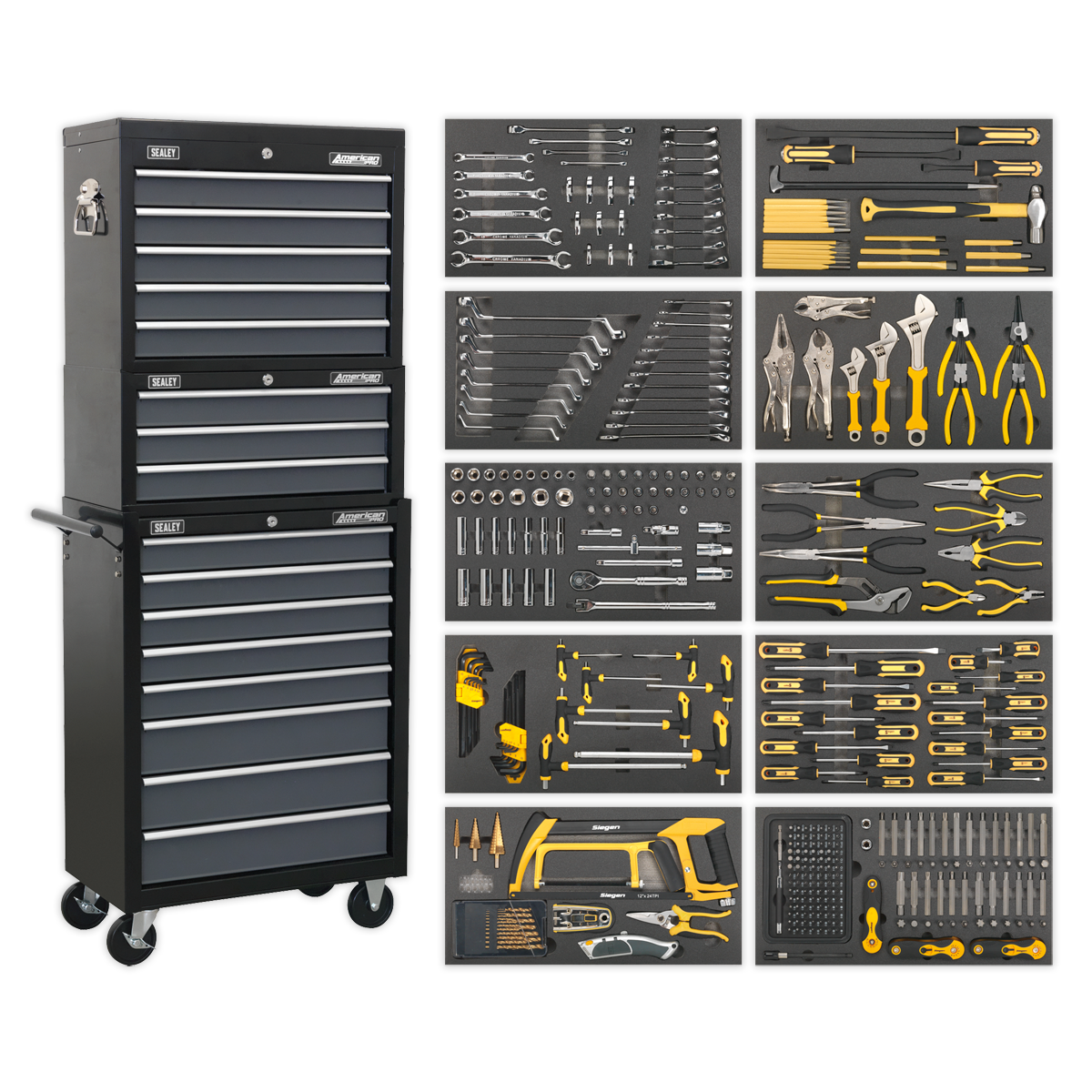 SEALEY - AP35TBCOMBO Tool Chest Combination 16 Drawer with Ball Bearing Slides - Black/Grey & 420pc Tool Kit